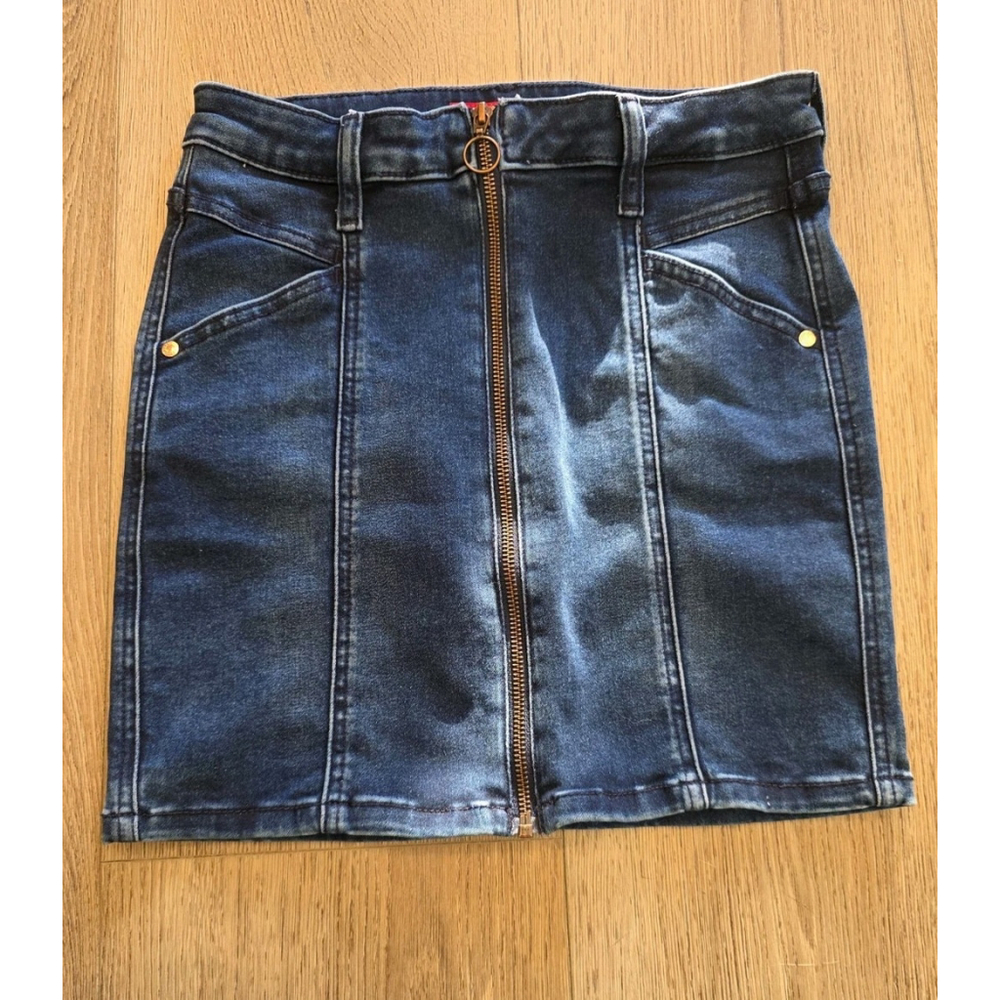Guess Women's Georgia Full Zip Front Seam Dark Blue Denim Skirt Size S Y2K